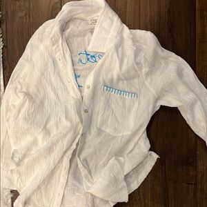 Vintage White Women’s Beach Shirt with Blue Accents